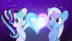 Size: 4687x2683 | Tagged: safe, derpibooru import, starlight glimmer, trixie, pony, unicorn, female, heart, lesbian, magic, shipping, smiling, startrix