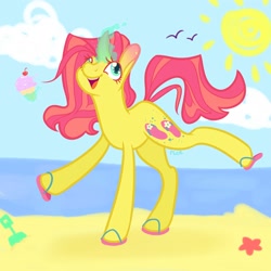 Size: 2000x2000 | Tagged: safe, artist:riceflowers_art, derpibooru import, pony, unicorn, beach, cherry, flippity flop, food, happy, ice cream, levitation, magic, sandals, smiling, solo, telekinesis