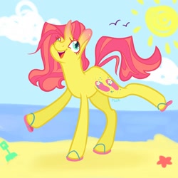 Size: 2000x2000 | Tagged: safe, alternate version, artist:riceflowers_art, derpibooru import, pony, unicorn, beach, cherry, flippity flop, food, happy, sandals, smiling, solo