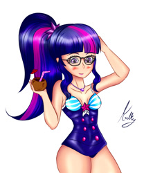 Size: 1000x1200 | Tagged: safe, artist:kulkry, derpibooru import, sci-twi, twilight sparkle, human, blushing, clothes, coconut, food, humanized, one-piece swimsuit, simple background, solo, swimsuit, white background