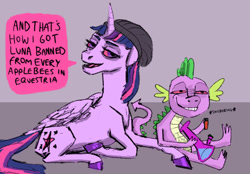 Size: 1142x796 | Tagged: safe, artist:necromarecy, derpibooru import, spike, twilight sparkle, twilight sparkle (alicorn), alicorn, dragon, pony, beanie, bong, cloven hooves, dialogue, drugs, hat, high, highlight sparkle, laughing, marijuana, red eyes, smiling