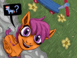 Size: 2048x1536 | Tagged: safe, artist:necromarecy, derpibooru import, rainbow dash, scootaloo, bee, insect, pegasus, pony, creepy, dialogue, flower, looking at you, looking up, offscreen character, pointy ponies, pov, scooter, smiling