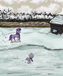 Size: 2439x2943 | Tagged: safe, artist:necromarecy, derpibooru import, spike, twilight sparkle, unicorn twilight, dragon, pony, unicorn, clothes, ice, scarf, scenery, smiling, snow