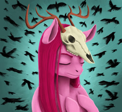 Size: 1280x1172 | Tagged: safe, artist:necromarecy, derpibooru import, pinkie pie, bird, crow, earth pony, pony, semi-anthro, antlers, eyes closed, pinkamena diane pie, skull, solo