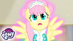 Size: 1280x720 | Tagged: safe, derpibooru import, screencap, fluttershy, pegasus, pony, green isn't your color, clothes, dress, jewelry, my little pony logo, solo, tiara, youtube link, youtube thumbnail