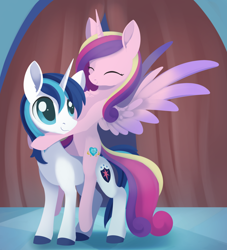 Size: 1604x1767 | Tagged: safe, artist:dusthiel, derpibooru import, princess cadance, shining armor, alicorn, pony, unicorn, cadance riding shining armor, eyes closed, female, male, mare, ponies riding ponies, riding, shiningcadance, shipping, smiling, spread wings, stallion, straight