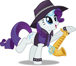 Size: 4473x3861 | Tagged: safe, artist:anime-equestria, derpibooru import, rarity, pony, unicorn, clothes, female, glowing horn, happy, hat, horn, levitation, magic, magic aura, musical instrument, necktie, open mouth, saxophone, shirt, simple background, solo, telekinesis, transparent background, vector, wristband