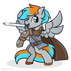 Size: 1280x1280 | Tagged: safe, artist:redpalette, derpibooru import, oc, oc:shade flash, pegasus, armor, cape, clothes, dnd, male, pegasus oc, roleplay, smiling, stallion, standing, sword, weapon, wings