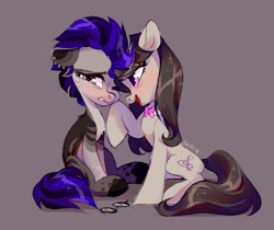 Size: 3445x2894 | Tagged: safe, artist:shore2020, derpibooru import, octavia melody, oc, earth pony, pony, blushing, bowtie, canon x oc, coat markings, comforting, crying, ear piercing, earring, female, glasses, gray background, jewelry, lesbian, mare, one eye closed, piercing, raised hoof, raised leg, sad, simple background, sitting, smiling