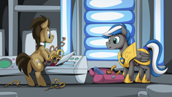 Size: 2560x1440 | Tagged: safe, artist:mysticalpha, derpibooru import, doctor whooves, oc, oc:cloud zapper, earth pony, pegasus, armor, crossover, doctor who, male, pegasus oc, royal guard, royal guard armor, royal guard oc, stallion, tardis, tardis console room, tardis control room, the doctor