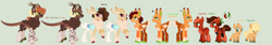 Size: 1920x323 | Tagged: safe, artist:kyper-space, derpibooru import, oc, oc only, oc:all hallow's eve, oc:caramel popcorn, oc:cayenne pepper, oc:choco peach pie, oc:jackalope jamboree, earth pony, hybrid, pony, base used, green background, interspecies offspring, magical gay spawn, magical threesome spawn, offspring, parent:big macintosh, parent:cheese sandwich, parent:discord, siblings, simple background