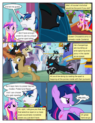 Size: 612x792 | Tagged: safe, artist:newbiespud, derpibooru import, edit, edited screencap, screencap, doctor whooves, princess cadance, queen chrysalis, shining armor, twilight sparkle, unicorn twilight, alicorn, changeling, changeling queen, pony, unicorn, comic:friendship is dragons, a canterlot wedding, building, clothes, comic, dialogue, eyes closed, fangs, female, grin, hoof shoes, horn, laughing, male, mare, messy mane, open mouth, outdoors, peytral, raised hoof, raised leg, running, screencap comic, smiling, stallion, wings