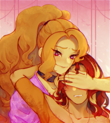 Size: 1200x1350 | Tagged: safe, artist:stummm, derpibooru import, adagio dazzle, sunset shimmer, equestria girls, adoragio, blushing, choker, cute, embarrassed, female, hand, holiday, hug, jewelry, lesbian, looking at you, necklace, shimmerbetes, shipping, smiling, smiling at you, sunsagio, teasing