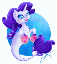 Size: 400x447 | Tagged: safe, artist:xenyu, derpibooru import, rarity, pony, seapony (g4), unicorn, blue background, blue eyes, bubble, colored pupils, diamond, dorsal fin, fan, female, fins, fish tail, flowing mane, flowing tail, horn, looking at you, open mouth, seaponified, seapony rarity, seashell, signature, simple background, smiling, solo, species swap, tail, underwater, water, white background