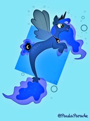 Size: 1280x1707 | Tagged: safe, artist:paulaparade, derpibooru import, princess luna, alicorn, pony, seapony (g4), blue background, blue eyes, bubble, clothes, crown, dorsal fin, ethereal mane, fin wings, fins, fish tail, hoof shoes, horn, jewelry, open mouth, regalia, seaponified, seapony luna, see-through, simple background, smiling, solo, species swap, starry mane, swimming, tail, underwater, water, wings