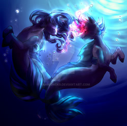 Size: 1280x1268 | Tagged: safe, artist:yamikonek0, derpibooru import, oc, oc only, hybrid, merpony, pony, seapony (g4), unicorn, bubble, crepuscular rays, curly hair, curly mane, deviantart watermark, eyes closed, fins, fish tail, flowing mane, flowing tail, glow, high res, looking at each other, obstructive watermark, obtrusive watermark, seaponified, smiling, species swap, sunlight, swimming, tail, tail wrap, underwater, water, watermark