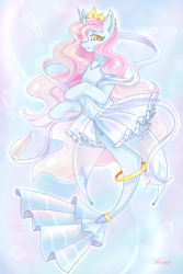 Size: 2000x3000 | Tagged: safe, artist:foxcarp, derpibooru import, oc, pony, seapony (g4), unicorn, abstract background, bubble, clothes, crown, curly hair, curly mane, deviantart watermark, female, fish tail, flowing mane, flowing tail, golden eyes, horn, jewelry, looking at you, obstructive watermark, obtrusive watermark, pink mane, regalia, seaponified, see-through, signature, skirt, solo, species swap, tail, underwater, water, watermark