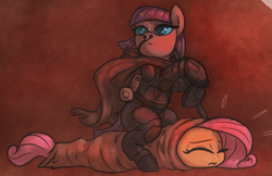 Size: 1273x826 | Tagged: safe, artist:t72b, derpibooru import, fluttershy, maud pie, earth pony, pegasus, pony, blanket burrito, cape, clothes, dune, duo, female, fremen, mare, parody, pun, science fiction, shai-hulud, sitting, stillsuit, visual pun