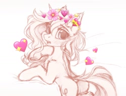 Size: 1300x1000 | Tagged: safe, artist:vird-gi, derpibooru import, oc, oc only, unicorn, butt, chest fluff, crown, heart, jewelry, looking at you, looking back, plot, regalia, sketch, solo