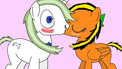 Size: 2000x1136 | Tagged: safe, artist:lekonar13, derpibooru import, oc, oc:lekonar, oc:minty root, pegasus, unicorn, bowtie, holiday, kissing, rule 63, surprise kiss, valentine, valentine's day