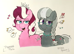 Size: 3848x2816 | Tagged: safe, artist:wiloptik, derpibooru import, diamond tiara, silver spoon, earth pony, pony, duo, female, filly, looking at you, simple background, traditional art
