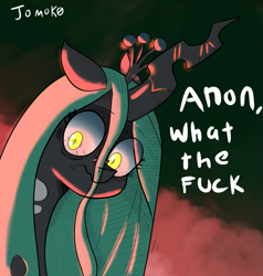 Size: 1145x1201 | Tagged: safe, artist:jomok0, queen chrysalis, changeling, changeling queen, dialogue, disgusted, grossed out, looking at you, reaction image, simple background, solo, text, three quarter view, vulgar
