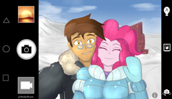 Size: 2551x1474 | Tagged: safe, artist:stellarwools, derpibooru import, pinkie pie, oc, oc:copper plume, human, equestria girls, canon x oc, clothes, colored, commission, commissioner:imperfectxiii, copperpie, female, looking at you, male, mountain, shipping, snow, straight, vacation