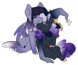 Size: 1201x1000 | Tagged: safe, artist:cosmalumi, derpibooru import, oc, oc only, oc:mystic nightfall, oc:salacious allusion, bat pony, pegasus, bat pony oc, bow, choker, clothes, commission, couple, cute, duo, duo female, eyebrows, eyebrows visible through hair, eyes closed, female, females only, freckles, hat, holiday, jewelry, looking at each other, love, nail polish, necklace, nuzzling, oc x oc, pegasus oc, scarf, shipping, signature, simple background, sitting, snuggling, transparent background, valentine's day, weapons-grade cute, witch hat, wizard hat, ych result
