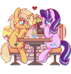 Size: 879x909 | Tagged: safe, artist:musicfirewind, derpibooru import, starlight glimmer, oc, oc:sunlight bolt, pony, unicorn, canon x oc, commission, date, female, holiday, love, male, mare, romantic, shipping, simple background, stallion, transparent background, valentine's day, ych result