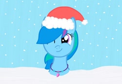 Size: 750x516 | Tagged: safe, artist:lillycloudart, derpibooru import, oc, oc only, oc:lily cloud, pegasus, pony, bust, christmas, eyelashes, female, hat, holiday, jewelry, mare, necklace, one eye closed, pegasus oc, santa hat, smiling, snow, solo, wink