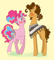 Size: 1749x1922 | Tagged: safe, artist:aztrial, derpibooru import, cheese sandwich, pinkie pie, earth pony, pony, beard, blushing, cheesepie, clothes, facial hair, female, freckles, male, older, older cheese sandwich, older pinkie pie, poncho, ponytail, shipping, straight