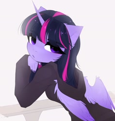 Size: 1941x2048 | Tagged: safe, artist:magnaluna, derpibooru import, twilight sparkle, twilight sparkle (alicorn), alicorn, anthro, clothes, cute, eyelashes, eyeshadow, female, hoodie, leaning, looking at you, looking back, looking back at you, looking over shoulder, makeup, mare, nail polish, rear view, simple background, solo, twiabetes, white background