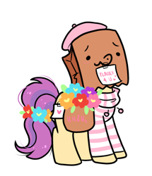 Size: 742x864 | Tagged: safe, artist:paperbagpony, derpibooru import, oc, oc:paper bag, clothes, fake cutie mark, flower, note, sweater