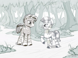 Size: 1800x1350 | Tagged: safe, artist:sirzi, derpibooru import, zecora, oc, oc:fausto, zebra, canon x oc, commission, female, forest, looking at each other, male, mare, monochrome, signature, smiling, stallion, zebra oc