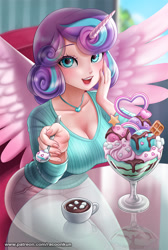 Size: 805x1200 | Tagged: safe, artist:racoonsan, derpibooru import, princess flurry heart, alicorn, human, alicorn humanization, beautiful, big breasts, blue eyes, blue hair, breasts, busty flurry heart, chair, chocolate, cleavage, clothes, cloud, cute, dessert, drink, eyebrows visible through hair, eyelashes, eyeshadow, feather, female, fingernails, flurrybetes, food, glass, heart, holiday, horn, horned humanization, hot chocolate, human female, humanized, ice cream, indoors, jewelry, looking at you, makeup, marshmallow, multicolored hair, necklace, older, older flurry heart, open mouth, pants, purple hair, sitting, sky, solo, spoon, spread wings, table, teeth, text, tongue out, tree, valentine's day, winged humanization, wings