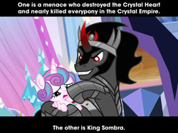 Size: 640x480 | Tagged: safe, derpibooru import, edit, edited screencap, screencap, king sombra, princess flurry heart, alicorn, pony, unicorn, the beginning of the end, abuse, caption, comparison trolling, female, filly, flurry heart is not amused, flurrybuse, go to sleep sombra, image macro, meme, non-consensual booping, shitposting, text, unamused