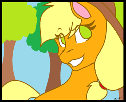 Size: 760x614 | Tagged: safe, artist:mscolorsplash, derpibooru import, applejack, earth pony, pony, colored, female, flat colors, mare, no pupils, solo, tree