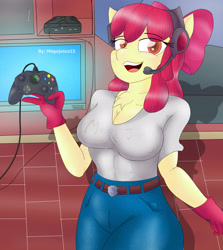 Size: 2520x2822 | Tagged: safe, artist:megajesus15, derpibooru import, apple bloom, anthro, apple bloomed, belt, breasts, cameltoe, chest fluff, cleavage, clothes, console, controller, erect nipples, game console, gloves, headphones, jeans, microphone, nipple outline, older, older apple bloom, open mouth, pants, solo, television, xbox