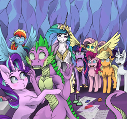 Size: 1600x1492 | Tagged: safe, artist:tillie-tmb, derpibooru import, applejack, fluttershy, pinkie pie, princess celestia, rainbow dash, rarity, spike, starlight glimmer, twilight sparkle, twilight sparkle (alicorn), alicorn, dragon, earth pony, pegasus, pony, unicorn, caught, female, male, mane seven, mane six, older, older spike, shipping, sparlight, spread wings, straight, varying degrees of want, wingboner, wings