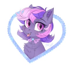 Size: 1135x1075 | Tagged: safe, artist:vird-gi, derpibooru import, oc, oc only, oc:midnight mist, bat pony, pony, bat pony oc, bow, bowtie, chest fluff, female, heart, looking at you, mare, open mouth, open smile, simple background, slit eyes, smiling, smiling at you, solo, tongue out, white background