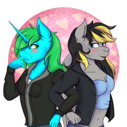 Size: 3000x3000 | Tagged: safe, artist:shamy-crist, derpibooru import, oc, oc only, anthro, pegasus, unicorn, belly button, blushing, breasts, cleavage, clothes, female, horn, jacket, looking at each other, wings