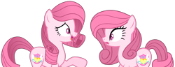Size: 2048x783 | Tagged: safe, artist:guruyunus17, derpibooru import, oc, oc only, oc:annisa trihapsari, earth pony, pony, alternate hairstyle, base used, clone, duo, duo female, fake, female, mare, not rarity, open mouth, pink body, pink hair, self paradox, self ponidox, simple background, transparent background, vector