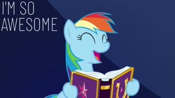Size: 1920x1080 | Tagged: safe, derpibooru import, edit, edited screencap, editor:quoterific, screencap, rainbow dash, pegasus, pony, fame and misfortune, book, eyes closed, female, narcissism, open mouth, solo
