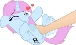 Size: 5000x3002 | Tagged: safe, artist:jhayarr23, derpibooru import, oc, oc:tylad, unicorn, bellyrubs, ears, female, floppy ears, hand, heart, underhoof