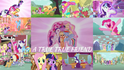 Size: 1974x1111 | Tagged: safe, derpibooru import, edit, edited screencap, editor:quoterific, screencap, alula, applejack, berry punch, berryshine, cherry berry, cherry cola, cherry fizzy, daisy, diamond mint, flower wishes, fluttershy, green jewel, lemon hearts, linky, lucky clover, mochaccino, orange blossom, pinkie pie, ponet, prim posy, rainbow dash, rare find, rarity, shoeshine, spike, tropical spring, twilight sparkle, unicorn twilight, dragon, earth pony, pegasus, pony, unicorn, magical mystery cure, applejack's hat, big crown thingy, blue buck, carousel boutique, cinnamon swirl, clothes, cowboy hat, deep blue, element of generosity, element of honesty, element of kindness, element of laughter, element of loyalty, element of magic, eyes closed, female, fluttershy's cottage, glowing horn, hat, horn, jewelry, magic, magic aura, male, mane seven, mane six, nose in the air, open mouth, pinkamena diane pie, regalia, singing, swapped cutie marks, welly