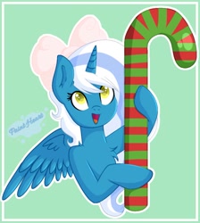 Size: 869x970 | Tagged: safe, artist:paint-heart86, derpibooru import, oc, oc:fleurbelle, alicorn, alicorn oc, bow, candy, candy cane, chest fluff, female, food, golden eyes, green background, hair bow, holding, horn, mare, simple background, wings