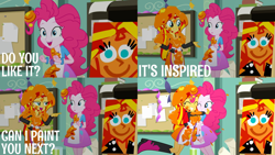 Size: 2000x1125 | Tagged: safe, derpibooru import, edit, edited screencap, editor:quoterific, screencap, pinkie pie, sunset shimmer, human, eqg summertime shorts, equestria girls, the art of friendship, duo, duo female, eyes closed, female, hug, one eye closed, open mouth, pointing, teeth
