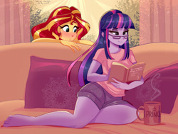 Size: 1280x966 | Tagged: safe, artist:xjenn9, derpibooru import, sci-twi, sunset shimmer, twilight sparkle, equestria girls, barefoot, blushing, book, couple, curtains, cushion, cute, cyrillic, feet, female, glasses, legs, lesbian, mug, reading, russian, scitwishimmer, shipping, sitting, smiling, sofa, sparkles, sunlight, sunsetsparkle, thighs, translated in the comments, window