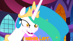 Size: 1920x1080 | Tagged: safe, artist:knightoftheraven, derpibooru import, edit, edited screencap, editor:knightoftheraven, screencap, daybreaker, princess celestia, alicorn, pony, canterlot castle, colored, english, evil grin, fangs, female, flat colors, glowing eyes, grin, inkscape, jewelry, mare, regalia, show accurate, smiling, solo, vector, wallpaper