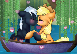 Size: 2150x1512 | Tagged: safe, artist:ali-selle, derpibooru import, applejack, oc, oc:dragon, earth pony, pony, blushing, boat, canon x oc, dragojack, female, hearts and hooves day, kissing, male, shipping, straight, water